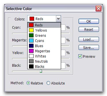 Korekta tonalna - kolor selektywny Selective color